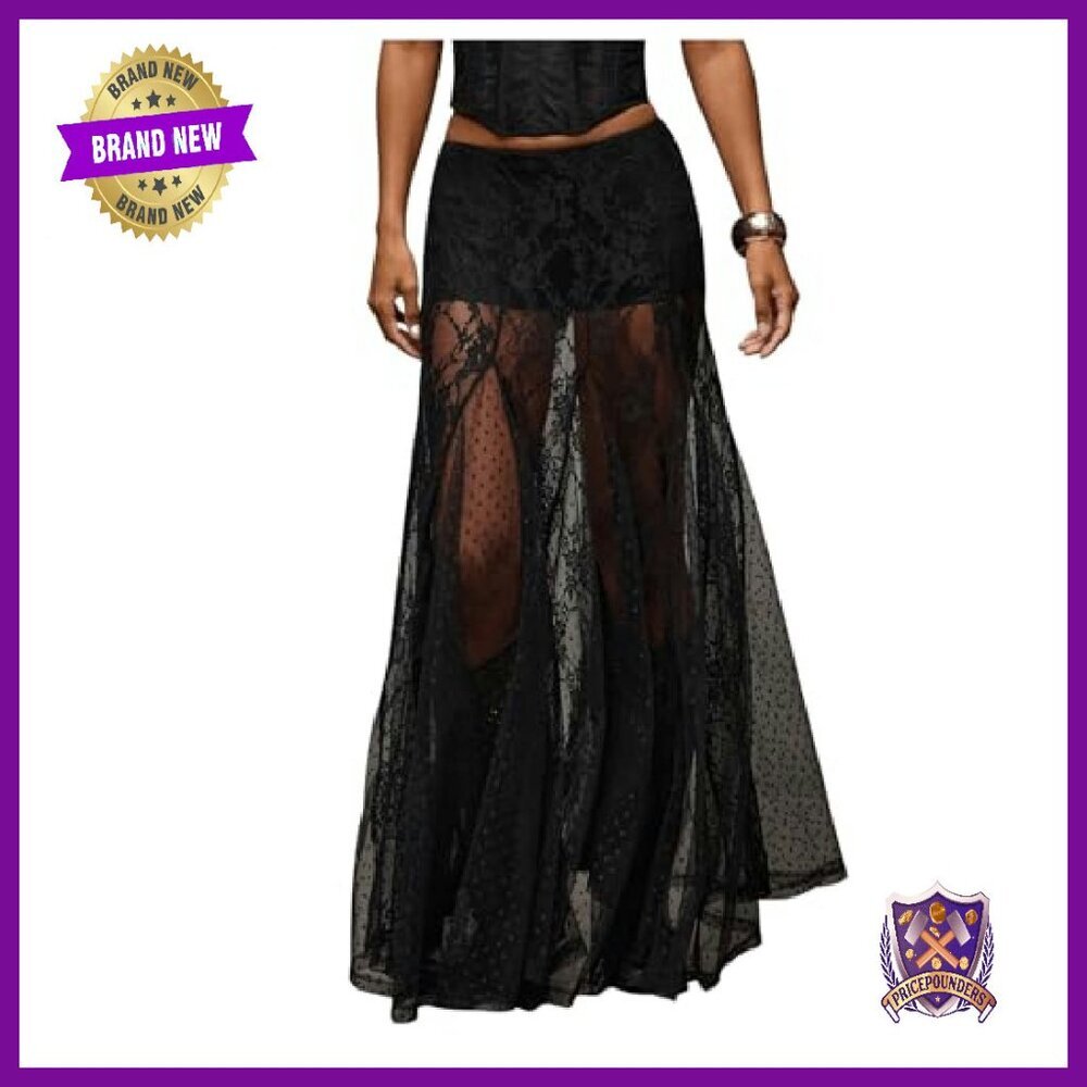Sheer Lace Maxi Skirt Elastic Waist Flowy A-Line Ruffle Hem - Picture 2 of 8